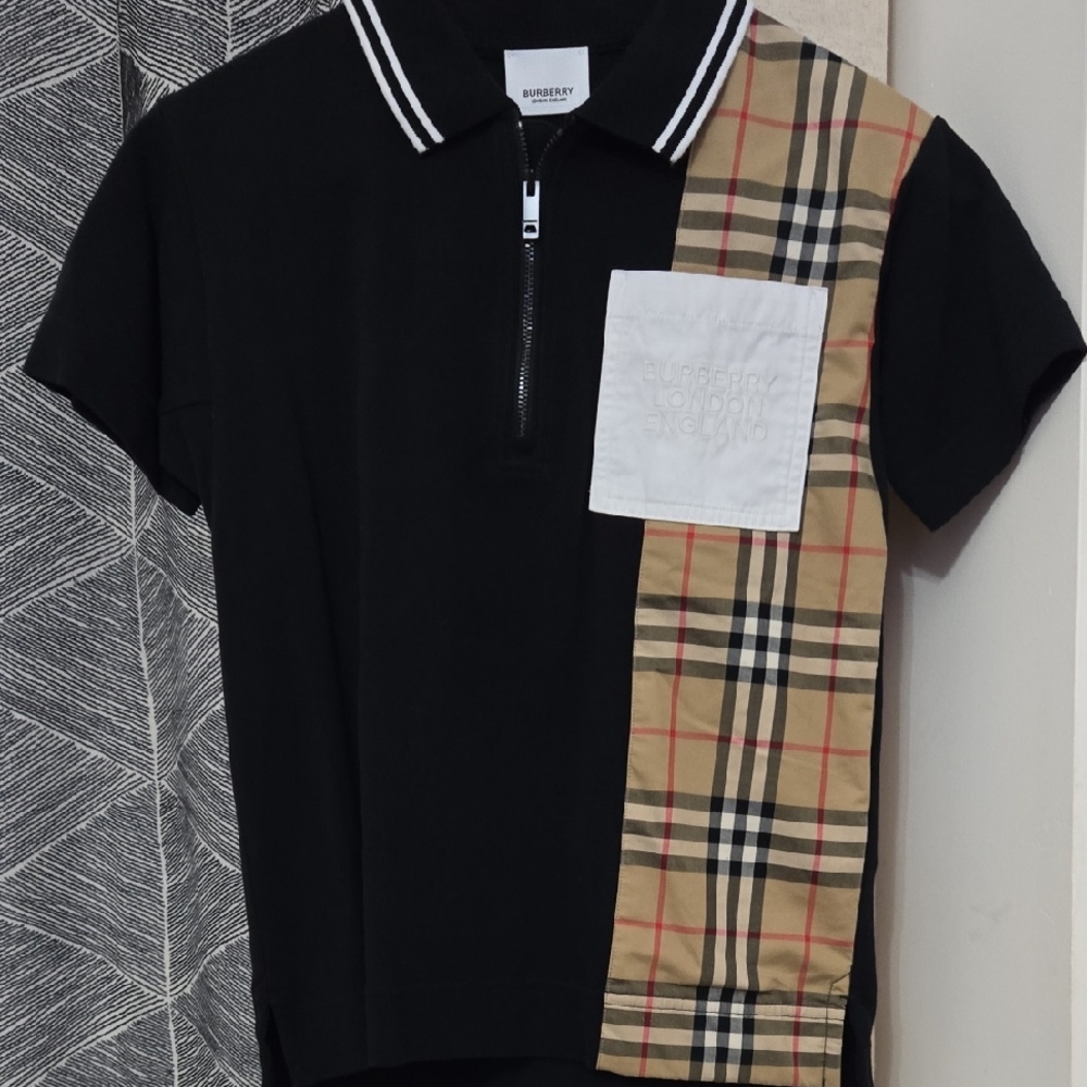 Kids Burberry Black Polo Shirt with Plaid Accent